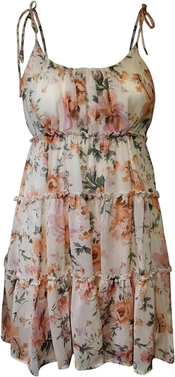Floral Dress for Women Chiffon Short Mini Skater Dress Flowy Smocked Summer Sun Dresses Spaghetti Strap Tiered Dresses