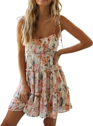 Floral Dress for Women Chiffon Short Mini Skater Dress Flowy Smocked Summer Sun Dresses Spaghetti Strap Tiered Dresses