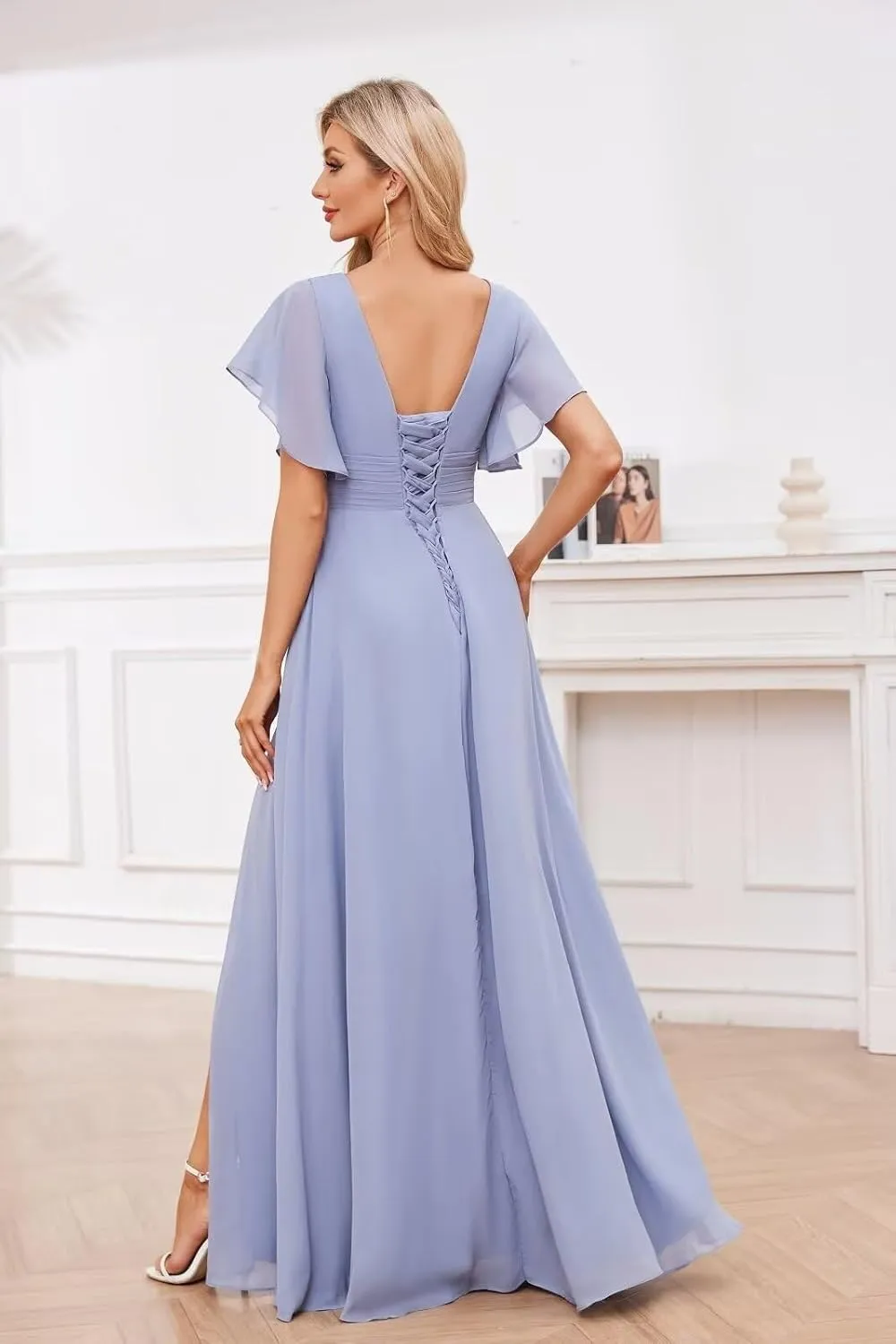 Flutter Sleeve Chiffon Bridesmaid Dresses with Slit V Neck Ruched A Line Long Formal Evening Dress with Pockets