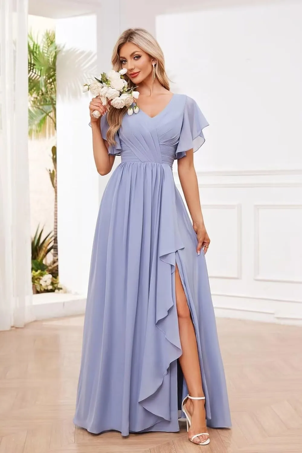 Flutter Sleeve Chiffon Bridesmaid Dresses with Slit V Neck Ruched A Line Long Formal Evening Dress with Pockets