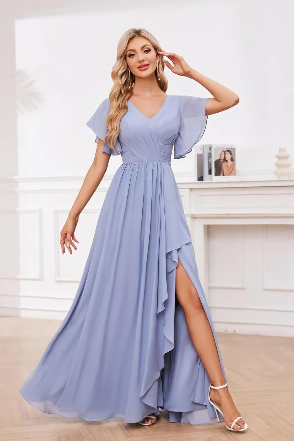 Flutter Sleeve Chiffon Bridesmaid Dresses with Slit V Neck Ruched A Line Long Formal Evening Dress with Pockets