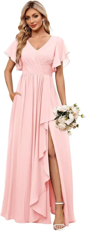 Flutter Sleeve Chiffon Bridesmaid Dresses with Slit V Neck Ruched A Line Long Formal Evening Dress with Pockets
