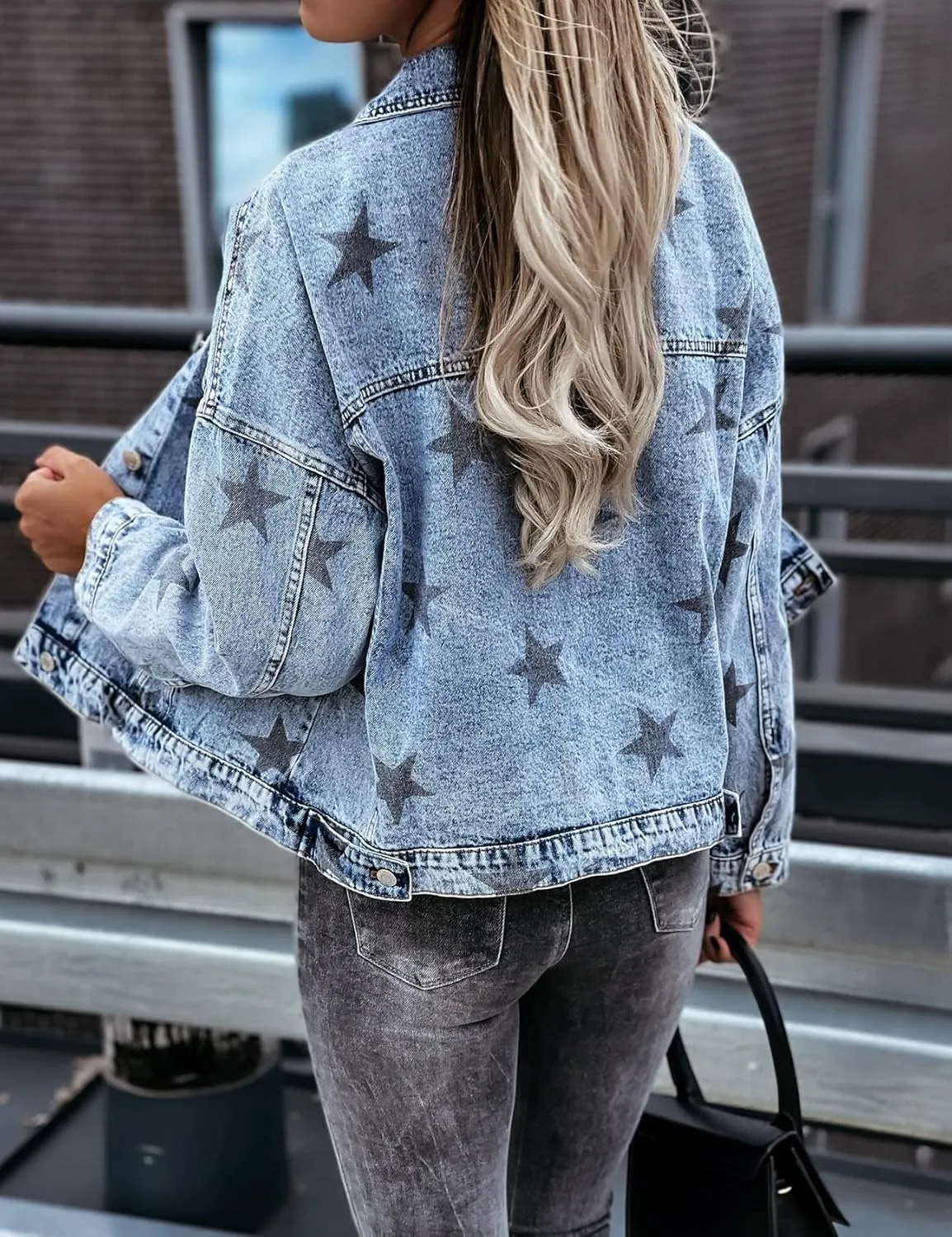 Flygo Women's Vintage Star Print Long Sleeve Button Down Denim Jean Jacket Coat