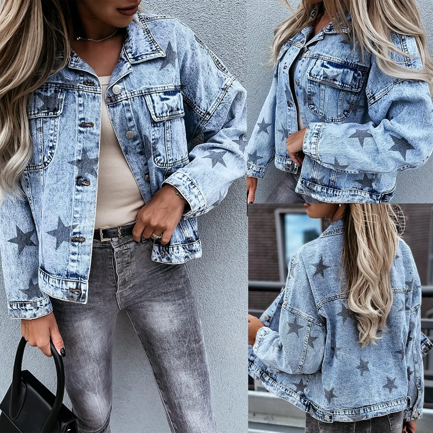 Flygo Women's Vintage Star Print Long Sleeve Button Down Denim Jean Jacket Coat
