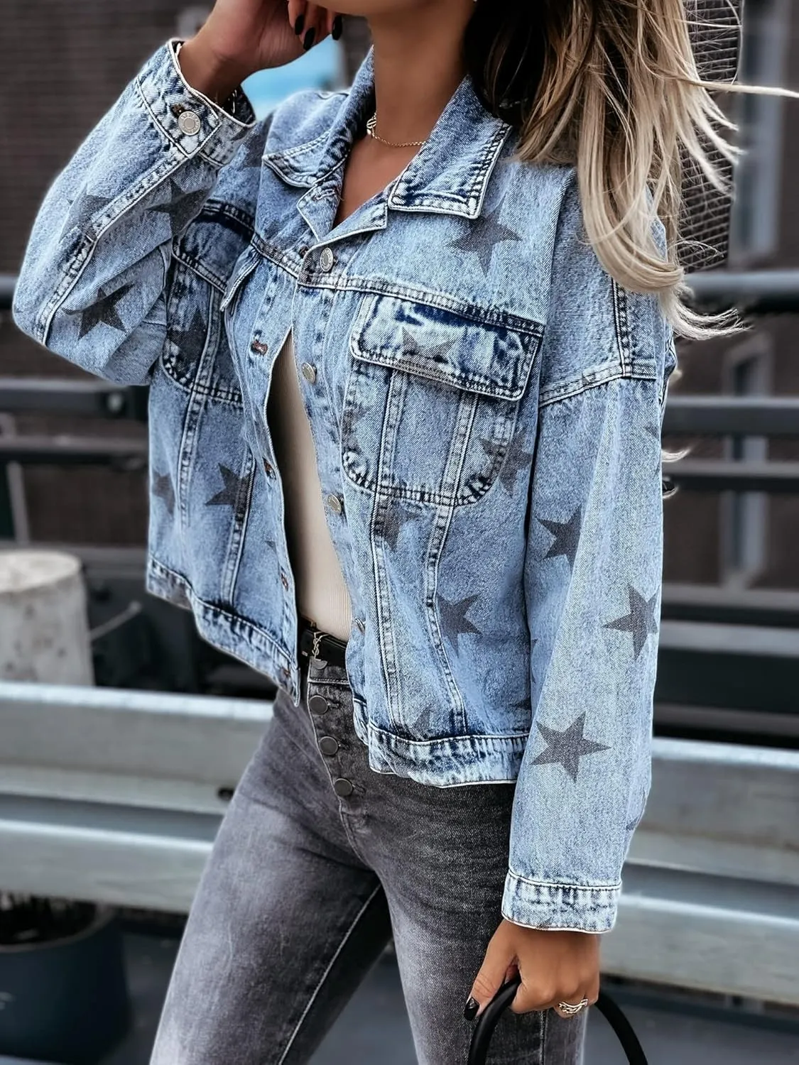 Flygo Women's Vintage Star Print Long Sleeve Button Down Denim Jean Jacket Coat