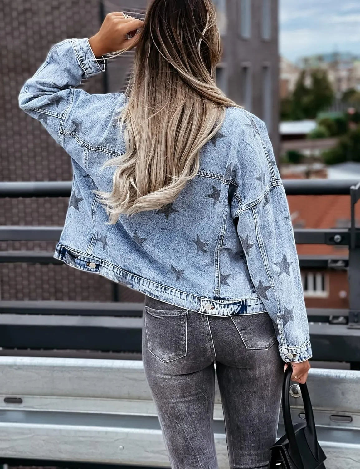 Flygo Women's Vintage Star Print Long Sleeve Button Down Denim Jean Jacket Coat