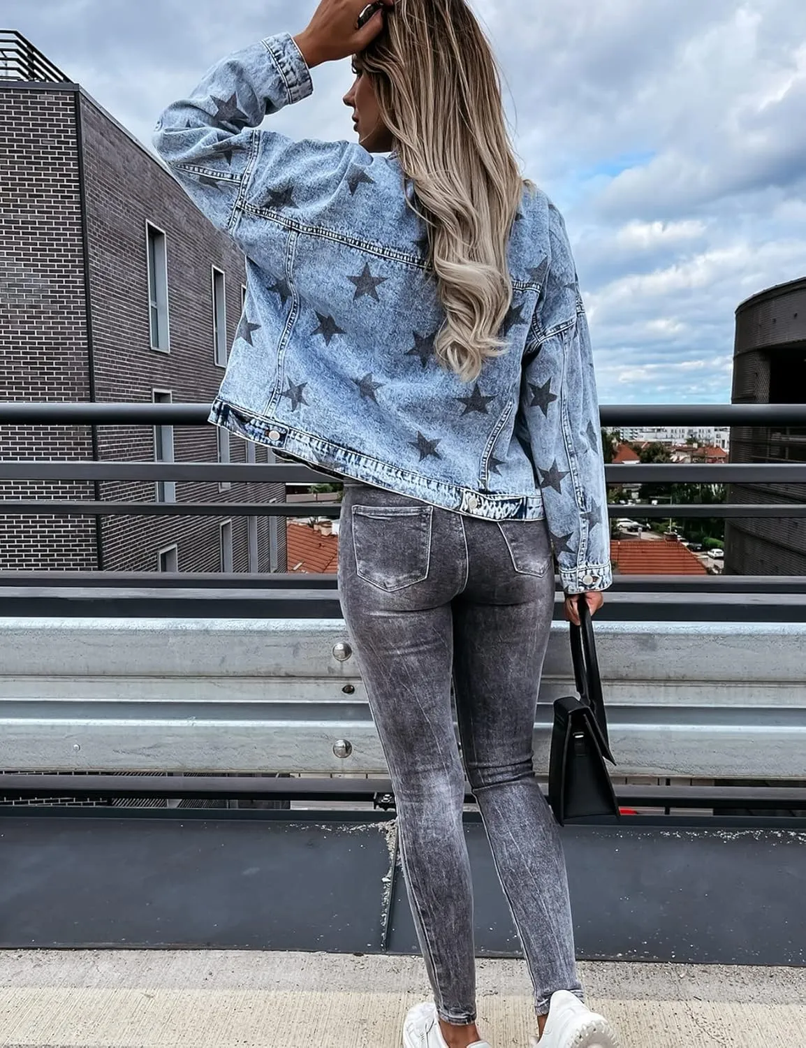 Flygo Women's Vintage Star Print Long Sleeve Button Down Denim Jean Jacket Coat
