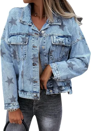 Flygo Women's Vintage Star Print Long Sleeve Button Down Denim Jean Jacket Coat