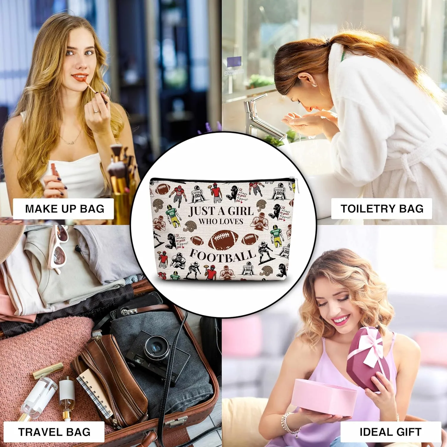 Football Gifts Makeup Bag For Woman, Just A Woman Who Loves Football Cosmetic Bag, Sport Lover Gift Bag, Football Mom Makeup Zipper Bag, Birthday Gifts For Family Friends Sister BFF, A42