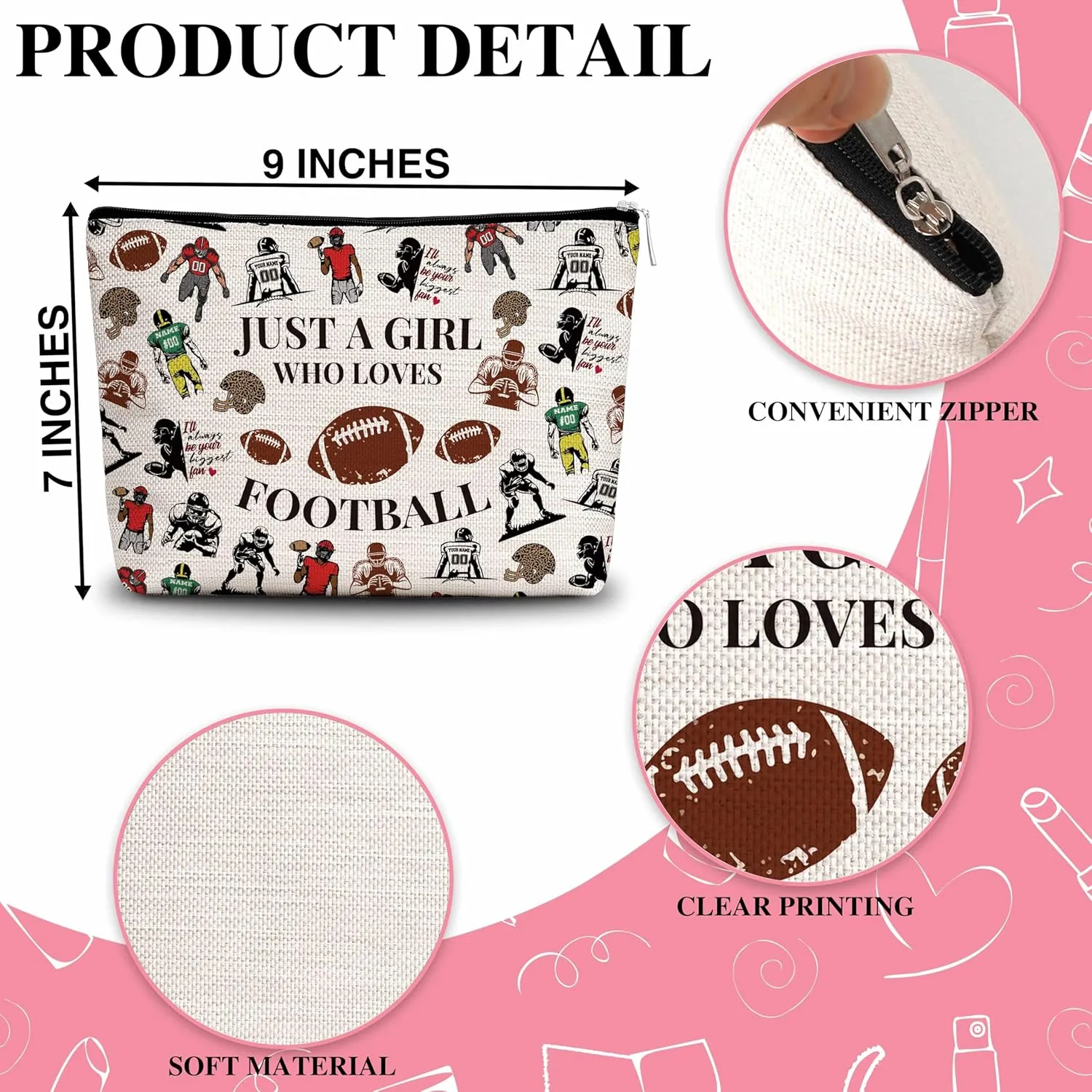 Football Gifts Makeup Bag For Woman, Just A Woman Who Loves Football Cosmetic Bag, Sport Lover Gift Bag, Football Mom Makeup Zipper Bag, Birthday Gifts For Family Friends Sister BFF, A42