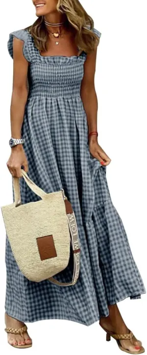 Geleglaer Womens Plaid Square Neck Maxi Dress Summer Sleeveless Ruffle Smocked Dress Beach Vacation Dresses Sundresses