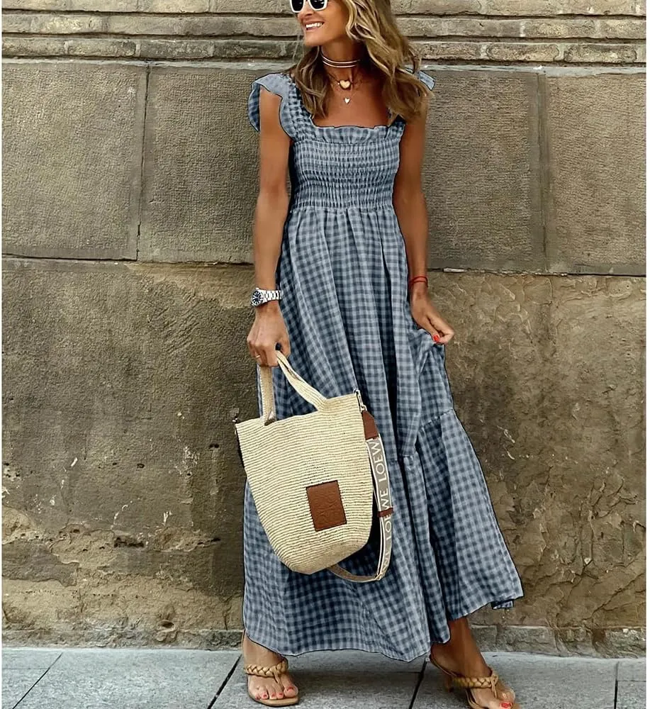 Geleglaer Womens Plaid Square Neck Maxi Dress Summer Sleeveless Ruffle Smocked Dress Beach Vacation Dresses Sundresses