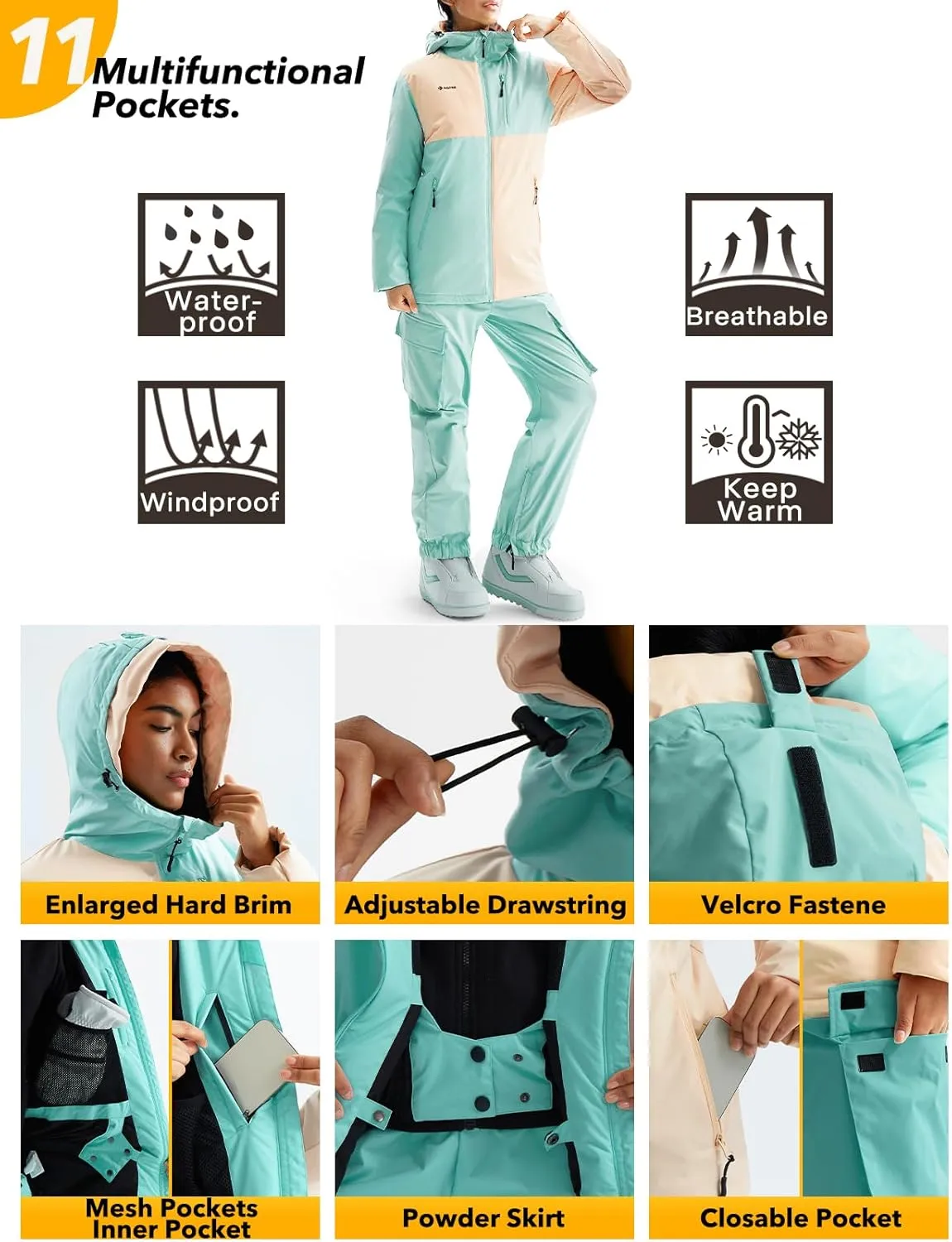 GEMYSE Women's Ski Snow Jackets and Pants Set Windproof Waterproof Snowsuit Warm Winter Snowboarding Insulated Coat