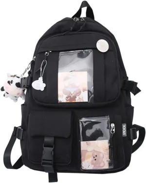 GGOOB Kawaii Backpack with Pins Kawaii School Backpack Cute Aesthetic Backpack Cute Kawaii Backpack for School (Black, With Accessories)