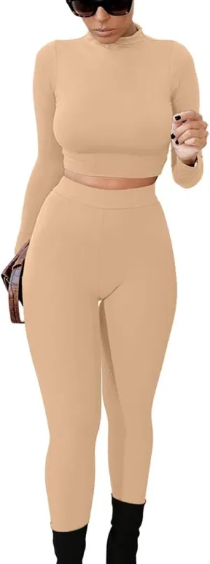 GOKATOSAU Women's Sexy 2 Piece Outfits Long Sleeve Crop Top Pants Set Club Jumpsuits