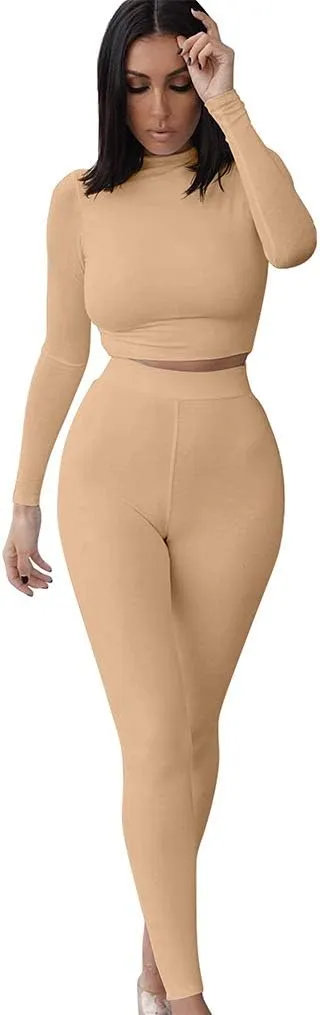 GOKATOSAU Women's Sexy 2 Piece Outfits Long Sleeve Crop Top Pants Set Club Jumpsuits