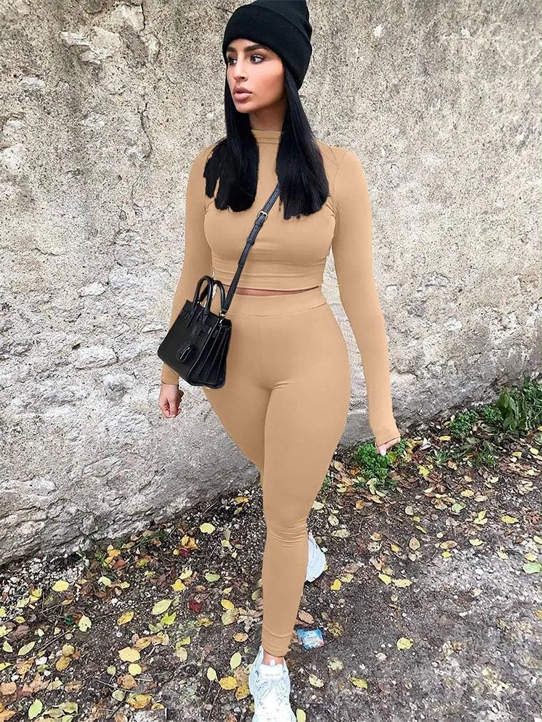 GOKATOSAU Women's Sexy 2 Piece Outfits Long Sleeve Crop Top Pants Set Club Jumpsuits