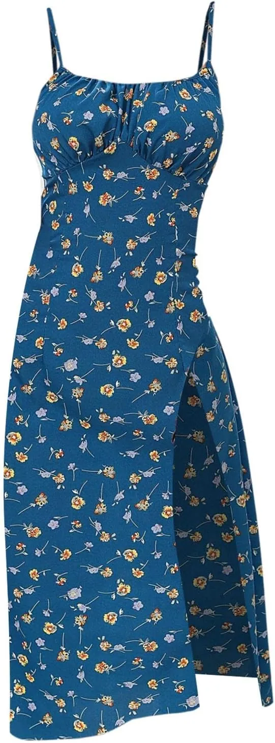 GOKKILRW Women Summer Dresses 2025 Spaghetti Straps Sleeveless Slim Fit Side Slit Sundress Boho Flowy Loose A-Line Midi Dress