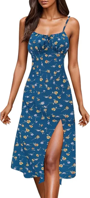 GOKKILRW Women Summer Dresses 2025 Spaghetti Straps Sleeveless Slim Fit Side Slit Sundress Boho Flowy Loose A-Line Midi Dress