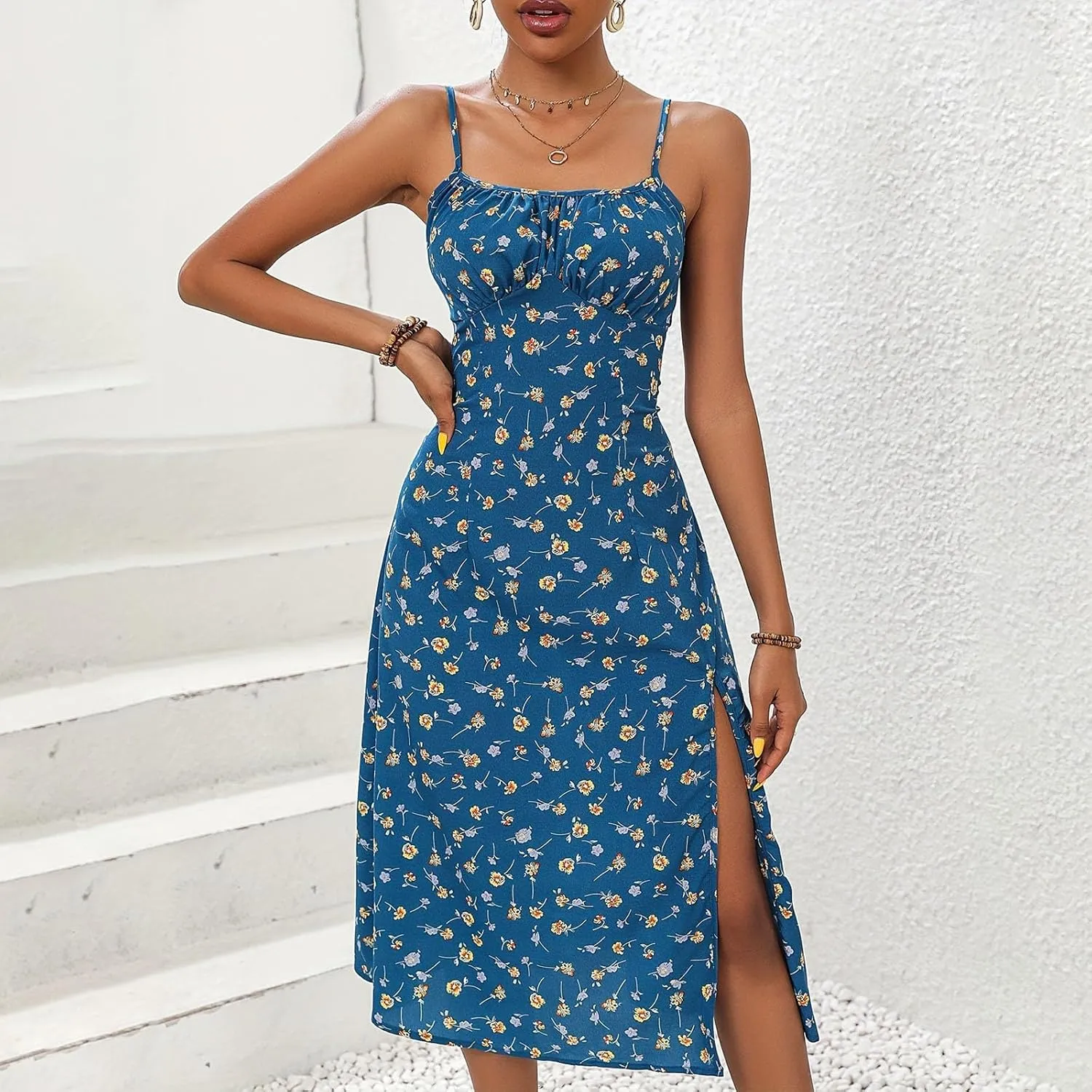 GOKKILRW Women Summer Dresses 2025 Spaghetti Straps Sleeveless Slim Fit Side Slit Sundress Boho Flowy Loose A-Line Midi Dress