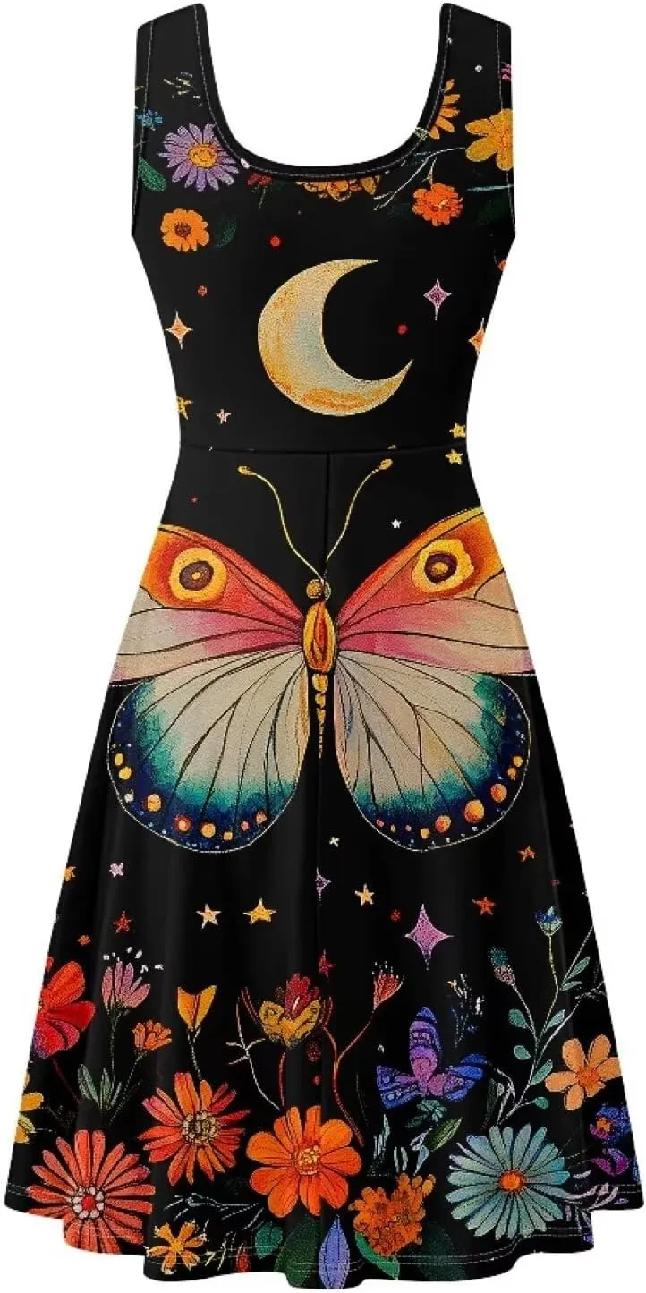 Gomyblomy Women Sundress Plus Size XS-4XL Summer Casual Travel Wear Sundress Knee Length with Pockets
