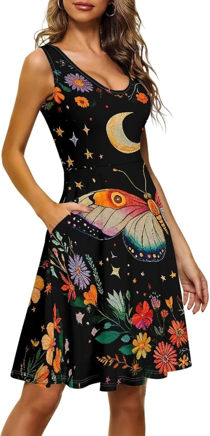 Gomyblomy Women Sundress Plus Size XS-4XL Summer Casual Travel Wear Sundress Knee Length with Pockets