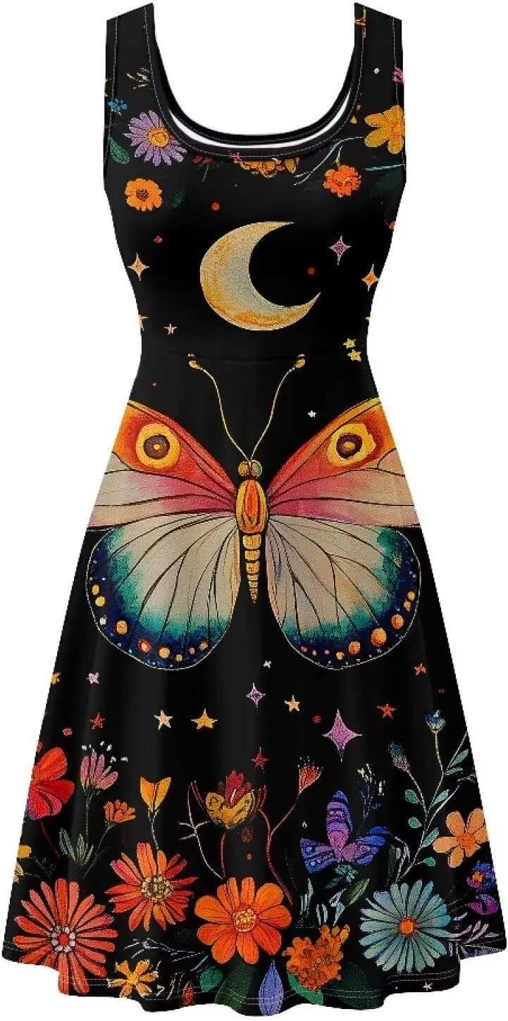 Gomyblomy Women Sundress Plus Size XS-4XL Summer Casual Travel Wear Sundress Knee Length with Pockets
