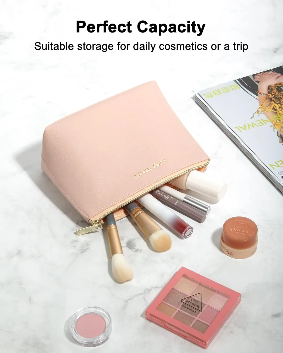GOX Makeup Bag Cosmetic Travel Bag Portable Water-Resistant Zipper Pouch Accessories Organizer Toiletry Bag for Women Girls, Pink