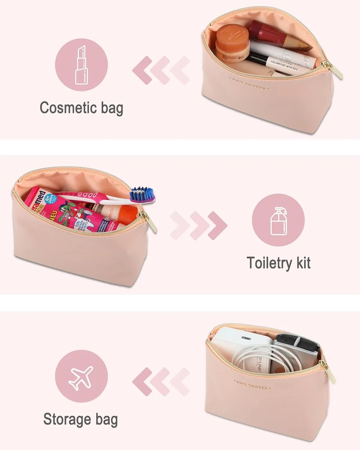 GOX Makeup Bag Cosmetic Travel Bag Portable Water-Resistant Zipper Pouch Accessories Organizer Toiletry Bag for Women Girls, Pink