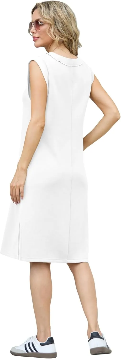GRECERELLE 2025 Women Summer V-Neck Casual Loose Split Wrinkle-Free Midi Dress with Pockets