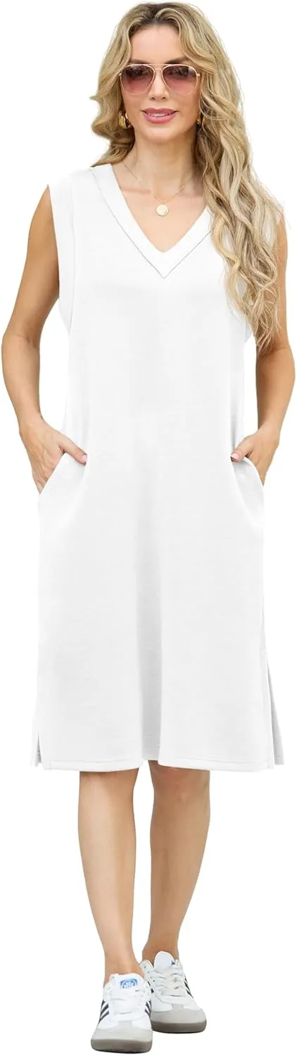 GRECERELLE 2025 Women Summer V-Neck Casual Loose Split Wrinkle-Free Midi Dress with Pockets