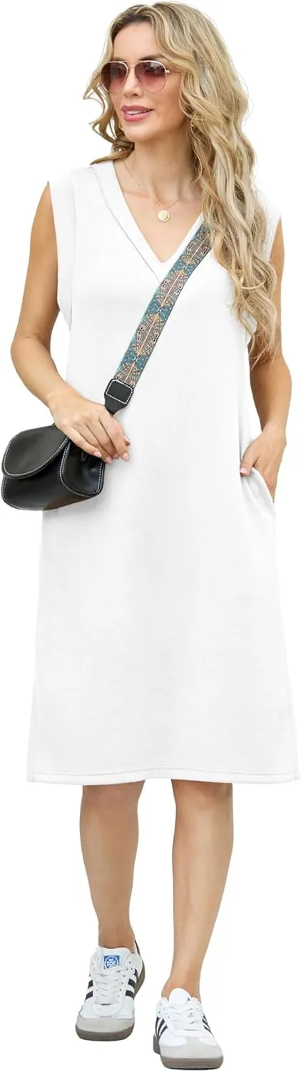 GRECERELLE 2025 Women Summer V-Neck Casual Loose Split Wrinkle-Free Midi Dress with Pockets