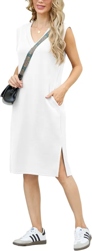 GRECERELLE 2025 Women Summer V-Neck Casual Loose Split Wrinkle-Free Midi Dress with Pockets