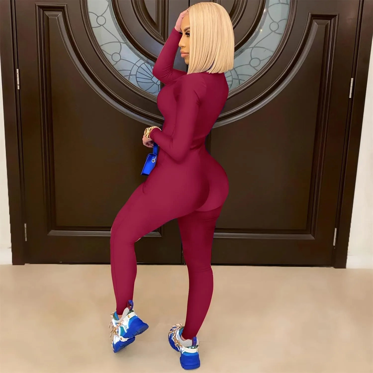 Hafailia Jumpsuits for Women Sexy Bodycon Long Sleeve V Neck Rich Hold Zipper One Piece Outfits