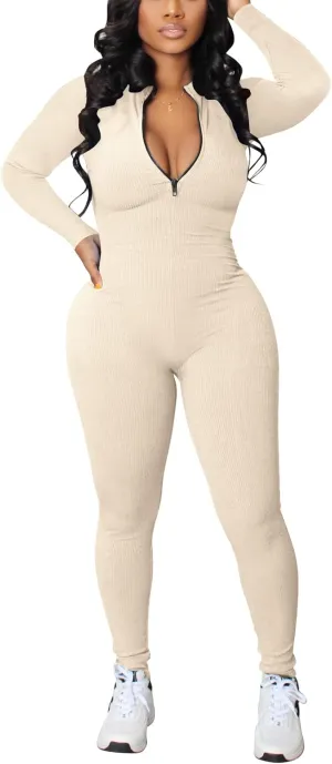 Hafailia Jumpsuits for Women Sexy Bodycon Long Sleeve V Neck Rich Hold Zipper One Piece Outfits