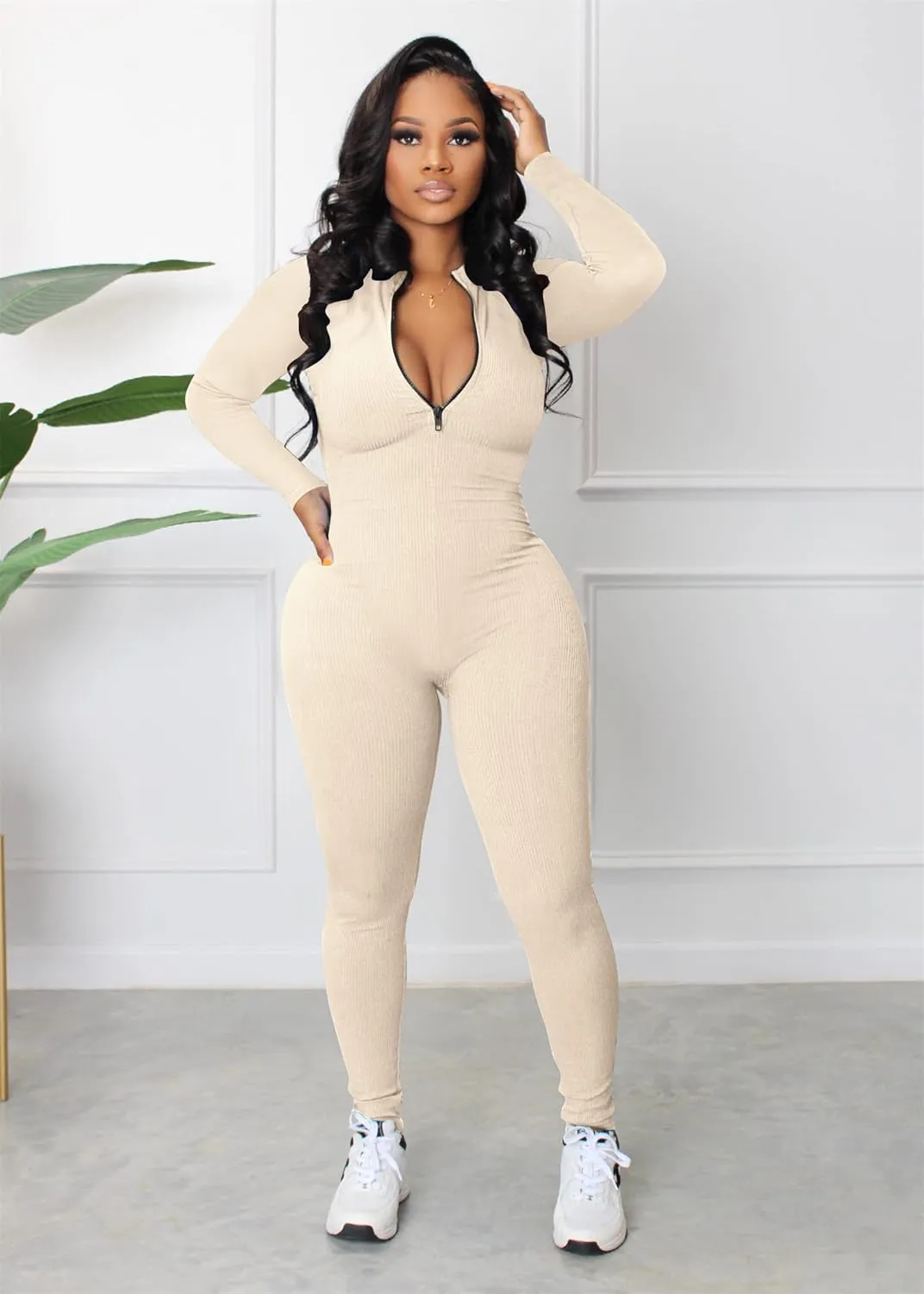 Hafailia Jumpsuits for Women Sexy Bodycon Long Sleeve V Neck Rich Hold Zipper One Piece Outfits