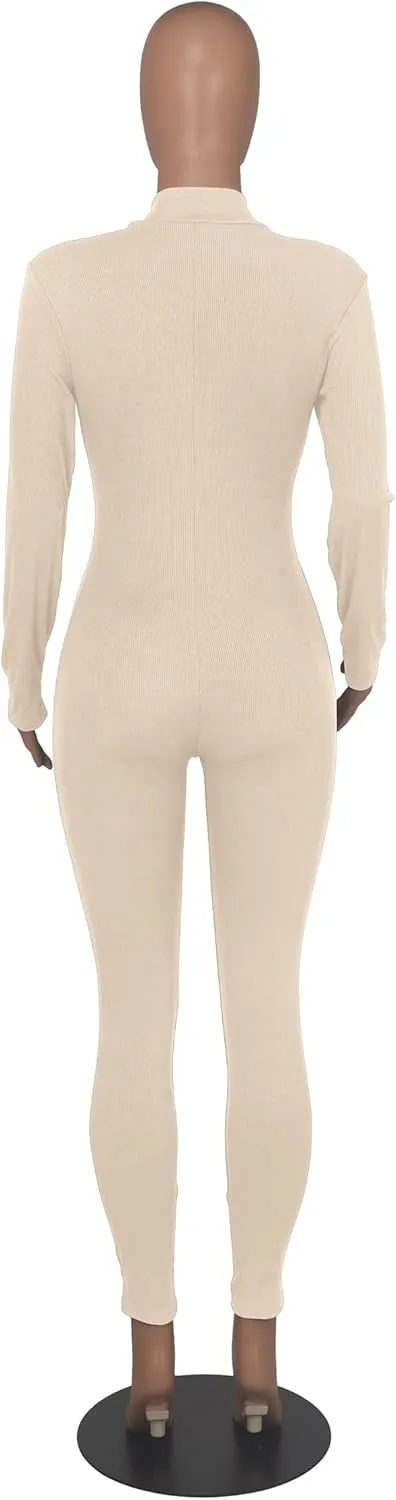 Hafailia Jumpsuits for Women Sexy Bodycon Long Sleeve V Neck Rich Hold Zipper One Piece Outfits