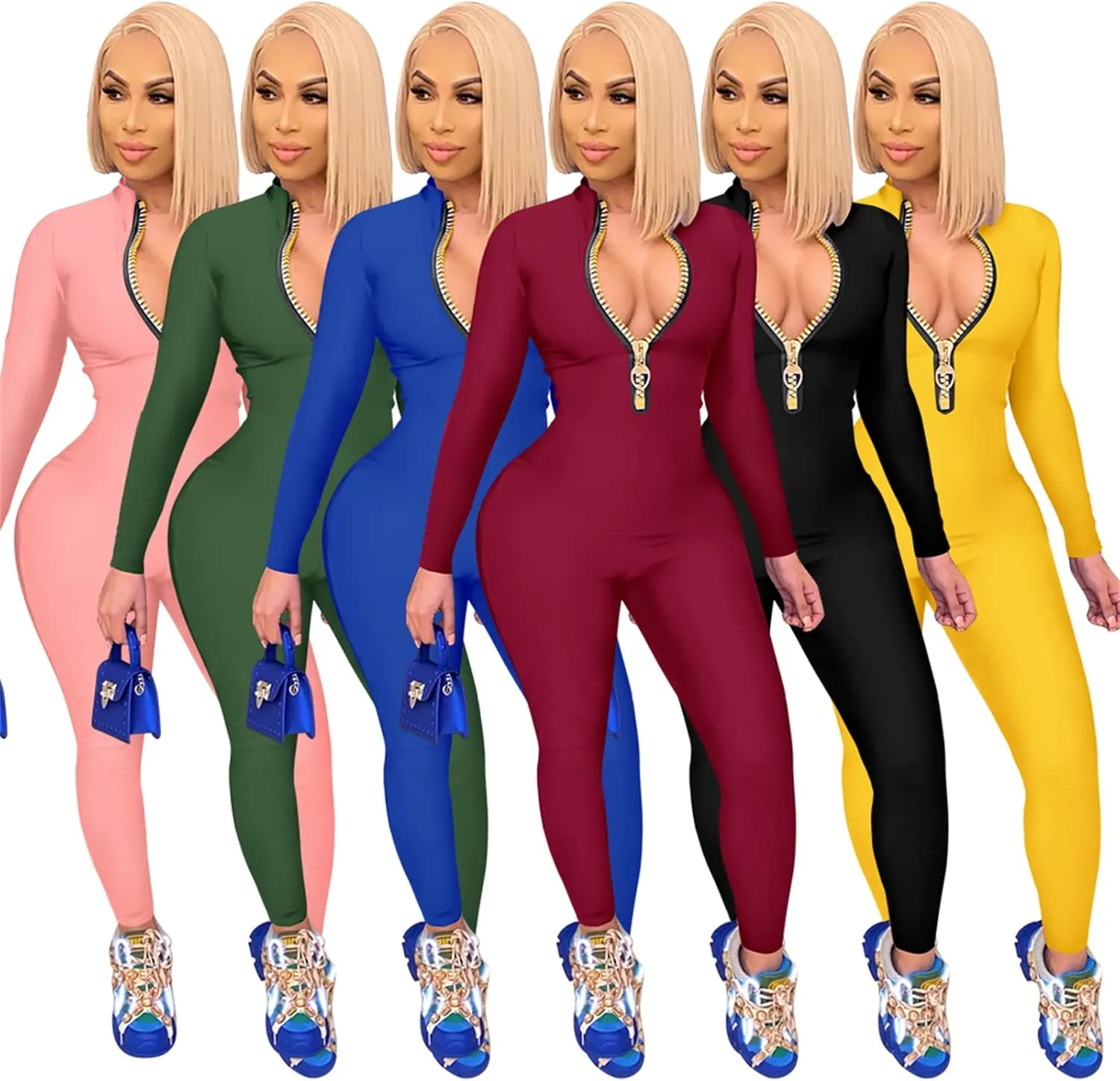 Hafailia Jumpsuits for Women Sexy Bodycon Long Sleeve V Neck Rich Hold Zipper One Piece Outfits