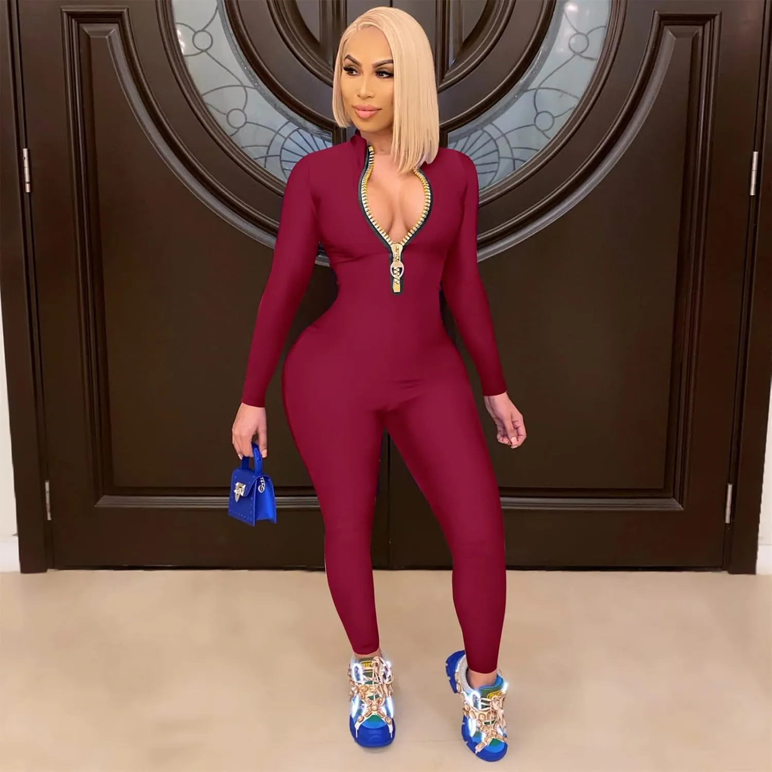 Hafailia Jumpsuits for Women Sexy Bodycon Long Sleeve V Neck Rich Hold Zipper One Piece Outfits