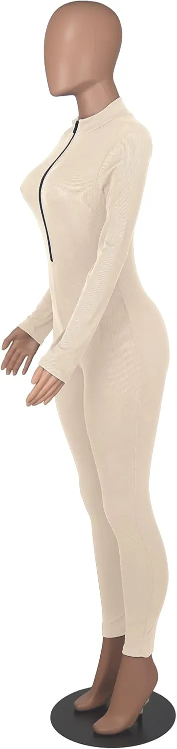 Hafailia Jumpsuits for Women Sexy Bodycon Long Sleeve V Neck Rich Hold Zipper One Piece Outfits
