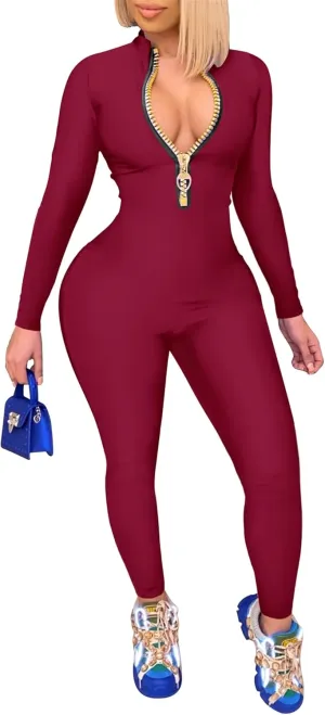 Hafailia Jumpsuits for Women Sexy Bodycon Long Sleeve V Neck Rich Hold Zipper One Piece Outfits