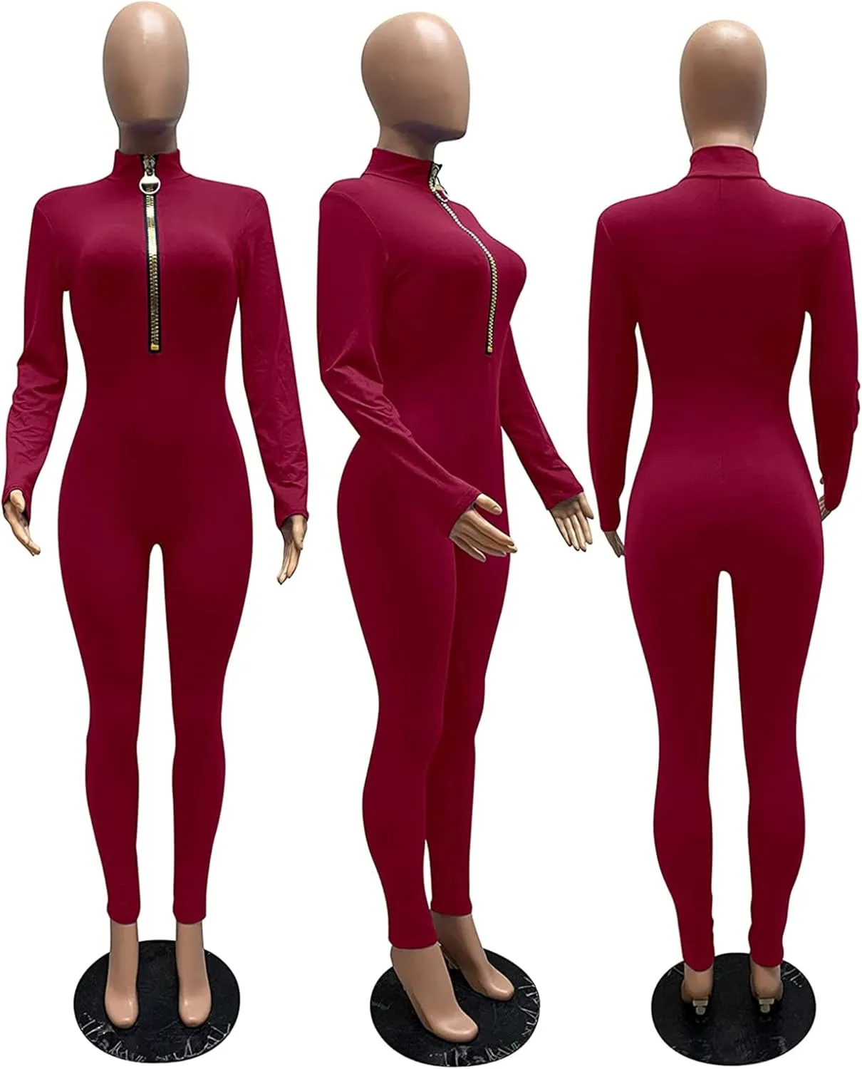 Hafailia Jumpsuits for Women Sexy Bodycon Long Sleeve V Neck Rich Hold Zipper One Piece Outfits
