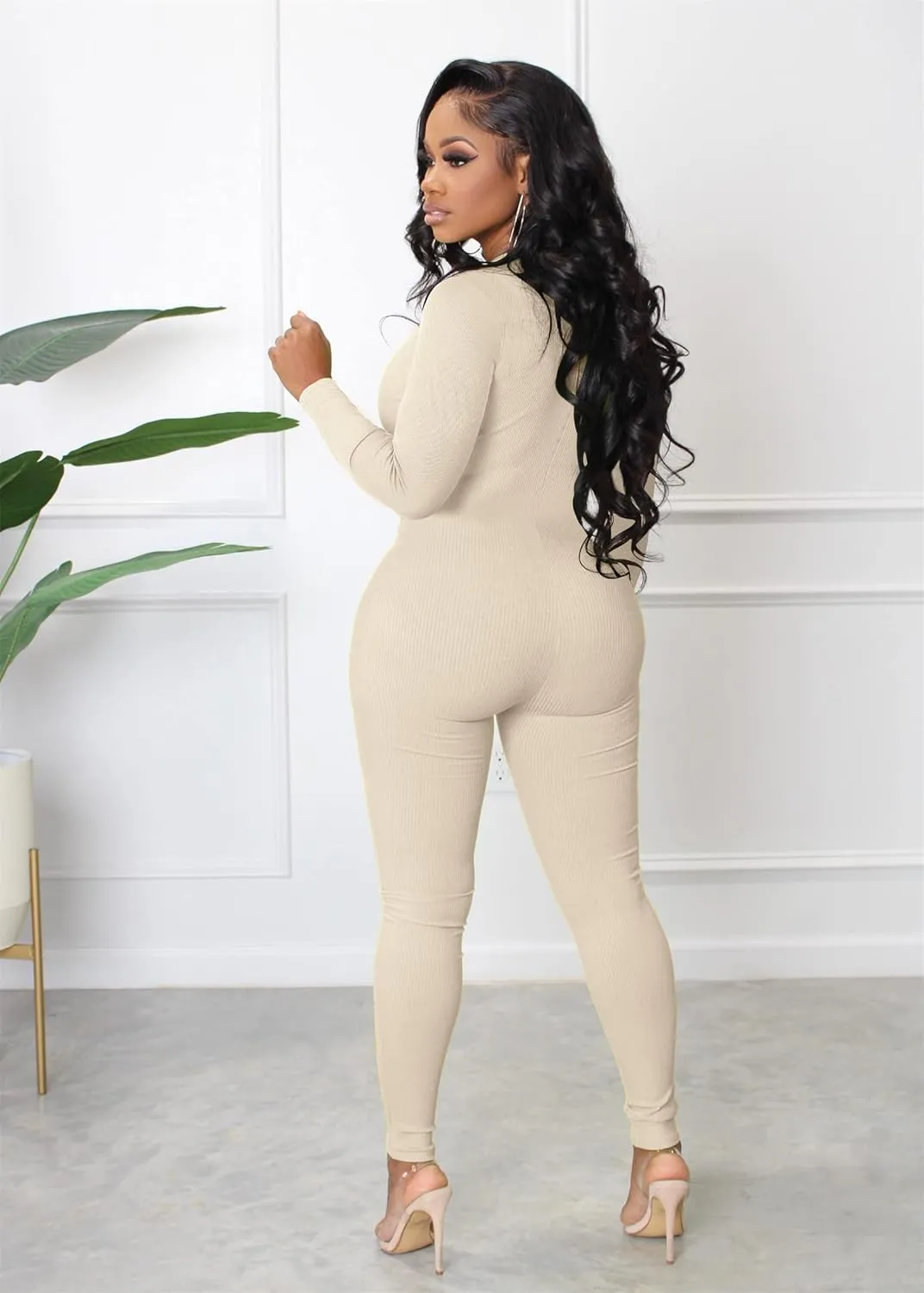 Hafailia Jumpsuits for Women Sexy Bodycon Long Sleeve V Neck Rich Hold Zipper One Piece Outfits