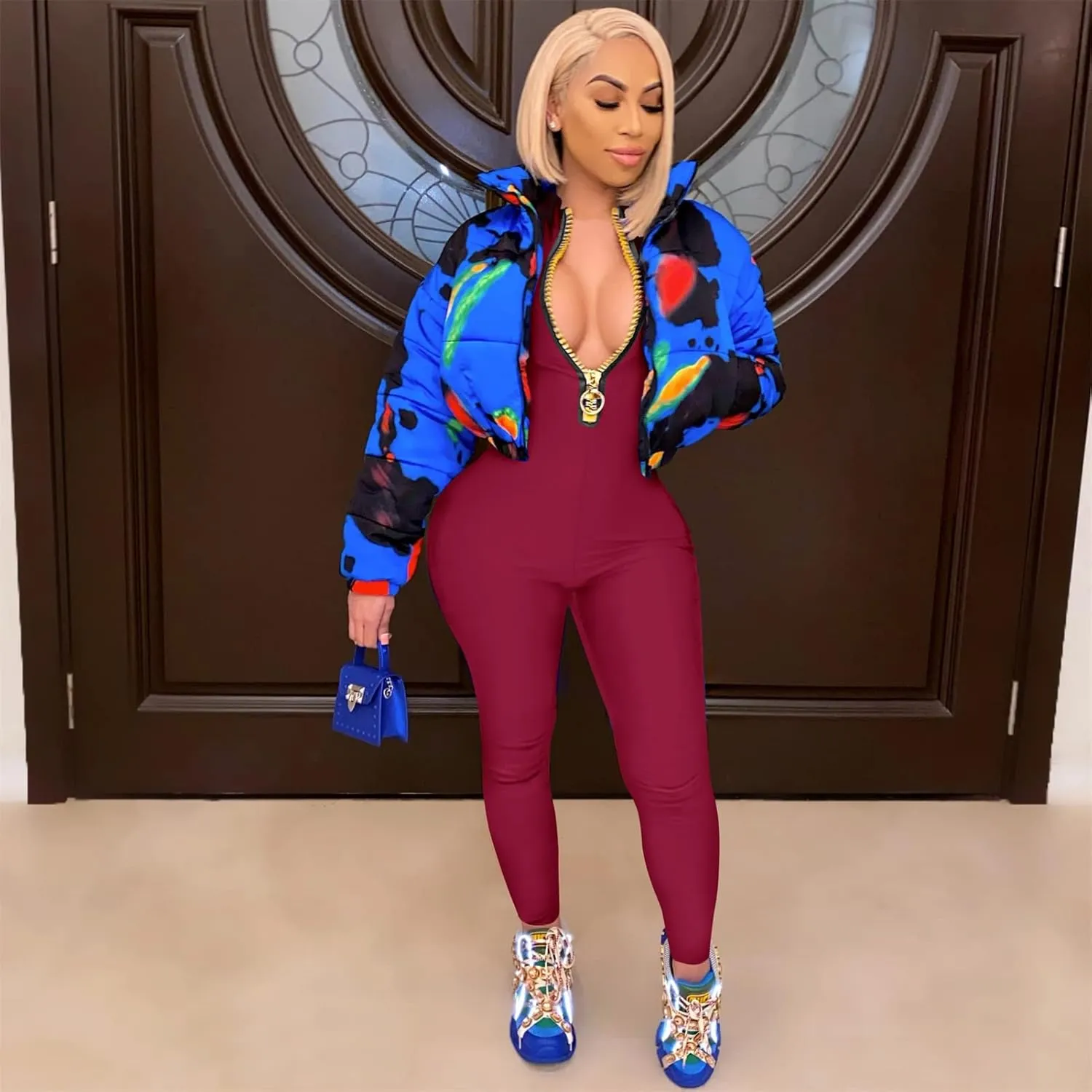 Hafailia Jumpsuits for Women Sexy Bodycon Long Sleeve V Neck Rich Hold Zipper One Piece Outfits