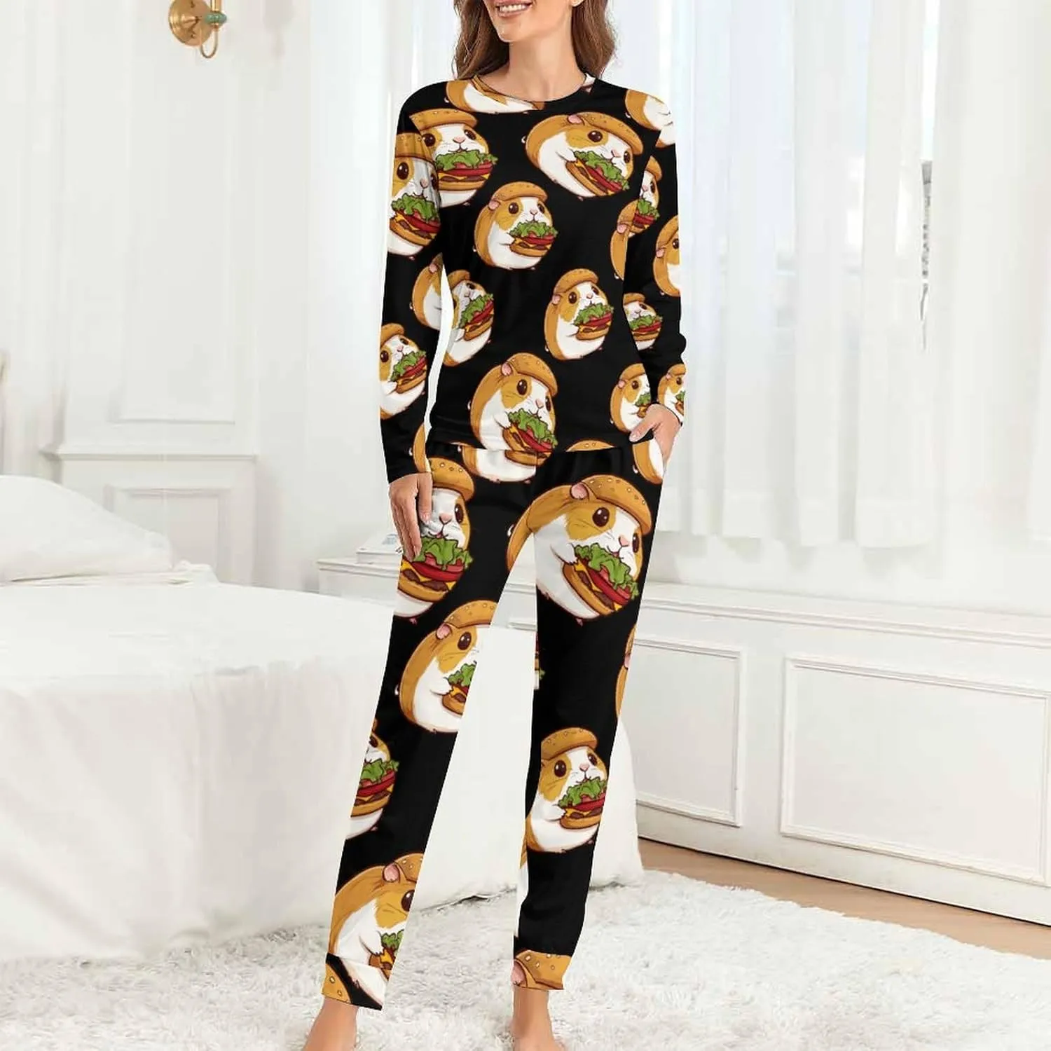 Hamburger Guinea Pigs Hamster Women's Pajama Set Long Sleeve T-shirts Top & Pant Comfort Sleepwear Loungewear