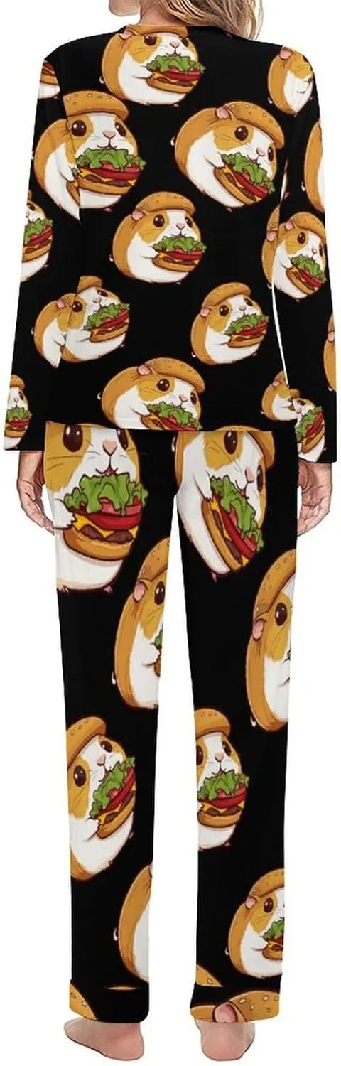 Hamburger Guinea Pigs Hamster Women's Pajama Set Long Sleeve T-shirts Top & Pant Comfort Sleepwear Loungewear