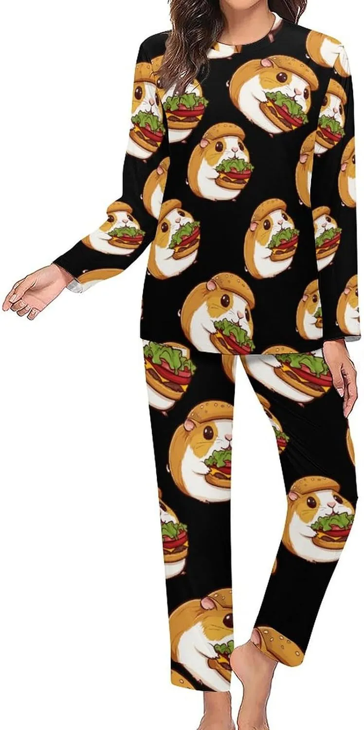 Hamburger Guinea Pigs Hamster Women's Pajama Set Long Sleeve T-shirts Top & Pant Comfort Sleepwear Loungewear
