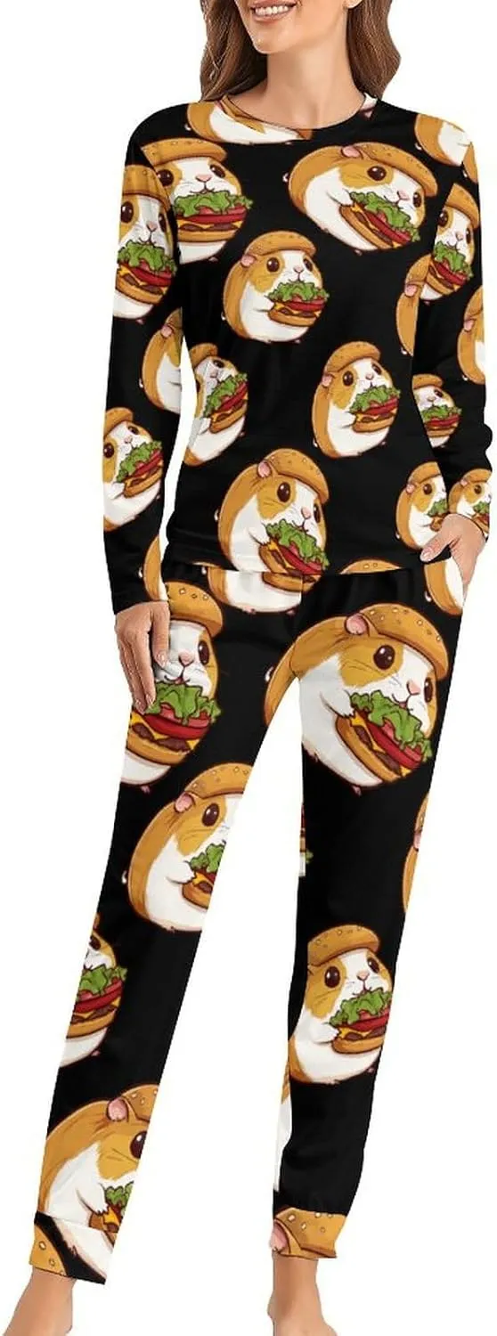 Hamburger Guinea Pigs Hamster Women's Pajama Set Long Sleeve T-shirts Top & Pant Comfort Sleepwear Loungewear