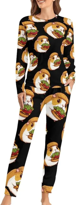 Hamburger Guinea Pigs Hamster Women's Pajama Set Long Sleeve T-shirts Top & Pant Comfort Sleepwear Loungewear