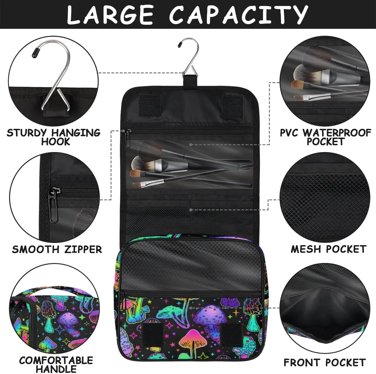 Hanging Toiletry Bag Mushroom Women Travel Makeup Bag Organizer Toiletries Bag for Travel Size Essentials Accessories Cosmetics